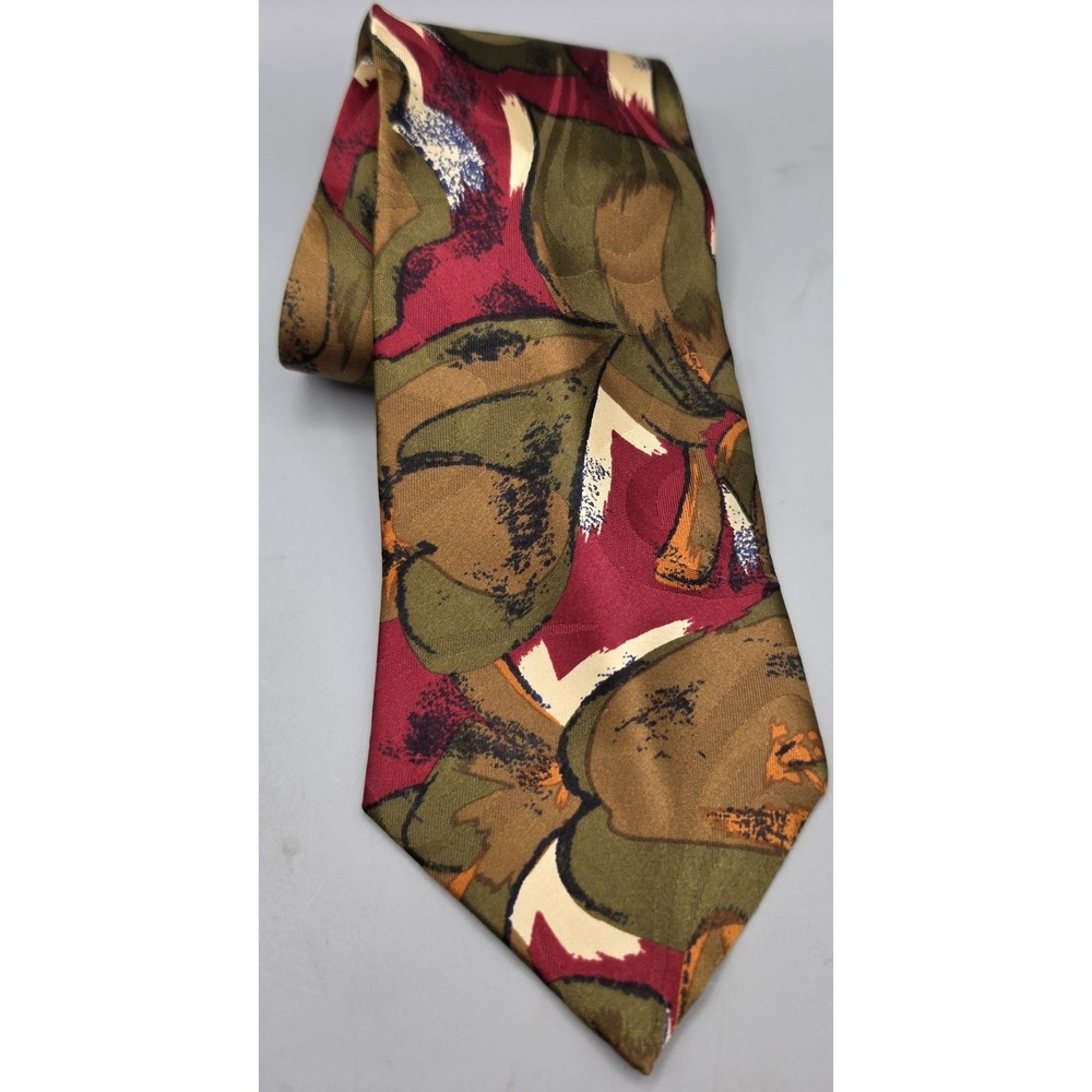 Greg & Leo Made in Italy Mens Tie Abstract Floral Olive Burgundy Brown Necktie - Picture 3 of 7